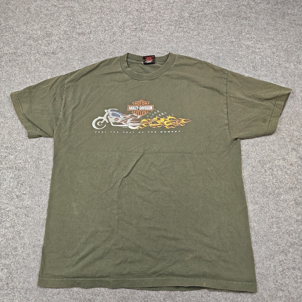 Vintage Harley-Davidson Shirt Mens XL Green American Flag Flames Graphic Tee - Picture 1 of 13